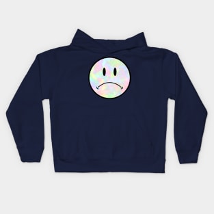 Holo Trippy Sad Frown Face Black Outline closer eyes Kids Hoodie